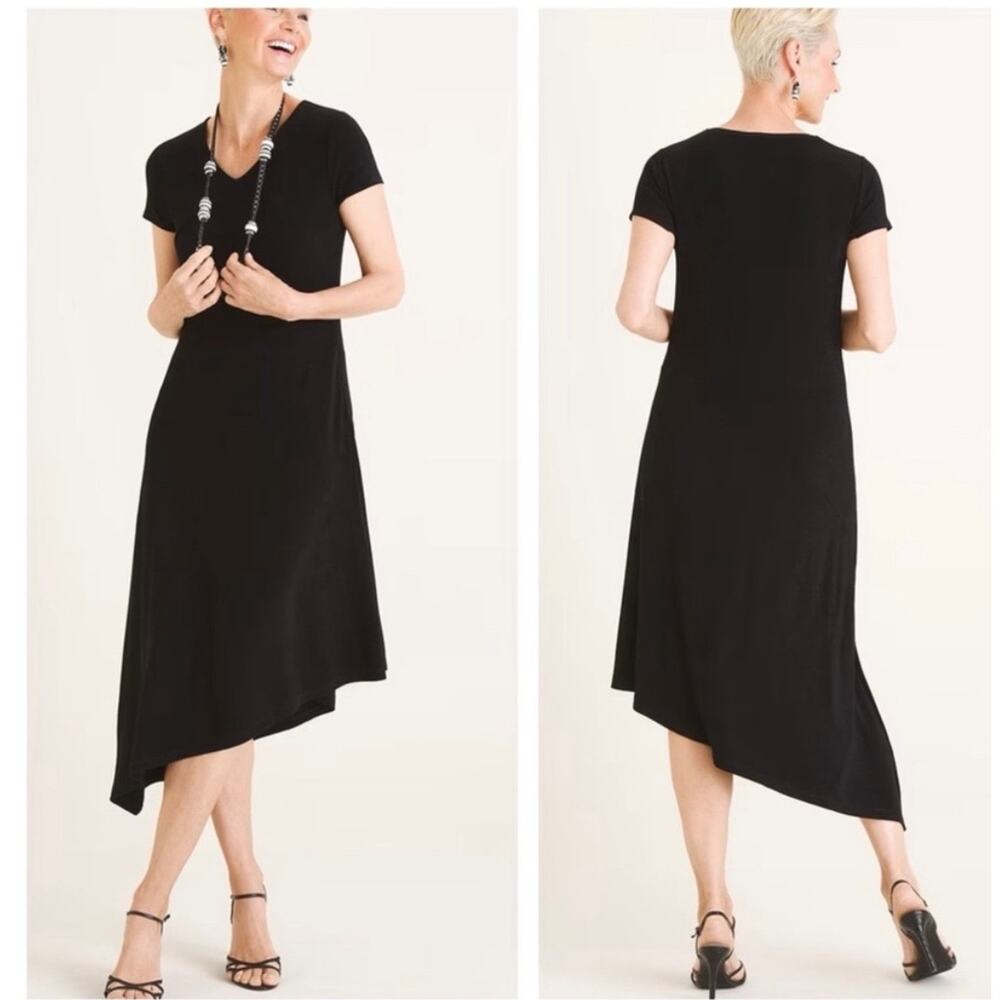 Chico's Travelers Black V-neck Asymmetrical Hem Midi Dress Sz 12 No Iron Comfy